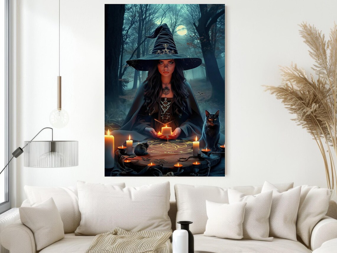 Witch Casting Spell in Moonlit Forest Candles Black Cat Magic Ritual Poster - Image 2
