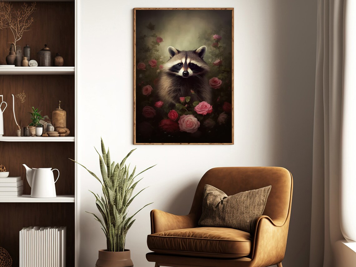 Raccoon Portrait Among Red Roses Dark Floral Animal Art Print - Image 4
