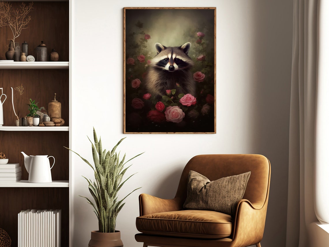 Vintage Wild Floral Raccoon Painting Raccoon Art Print Raccoon Print Gothic Art Print Dark Academia Art Animals Poster Print - Image 4