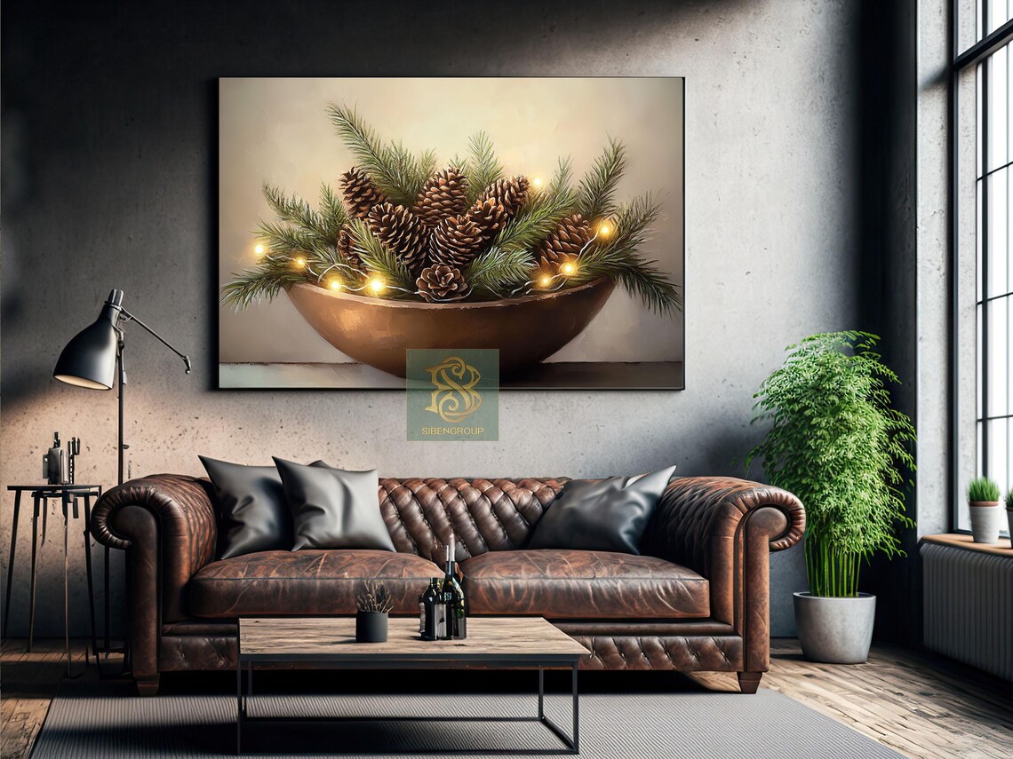 Copper Bowl of Pinecones Pine Branches and Fairy Lights Art Print - Image 3