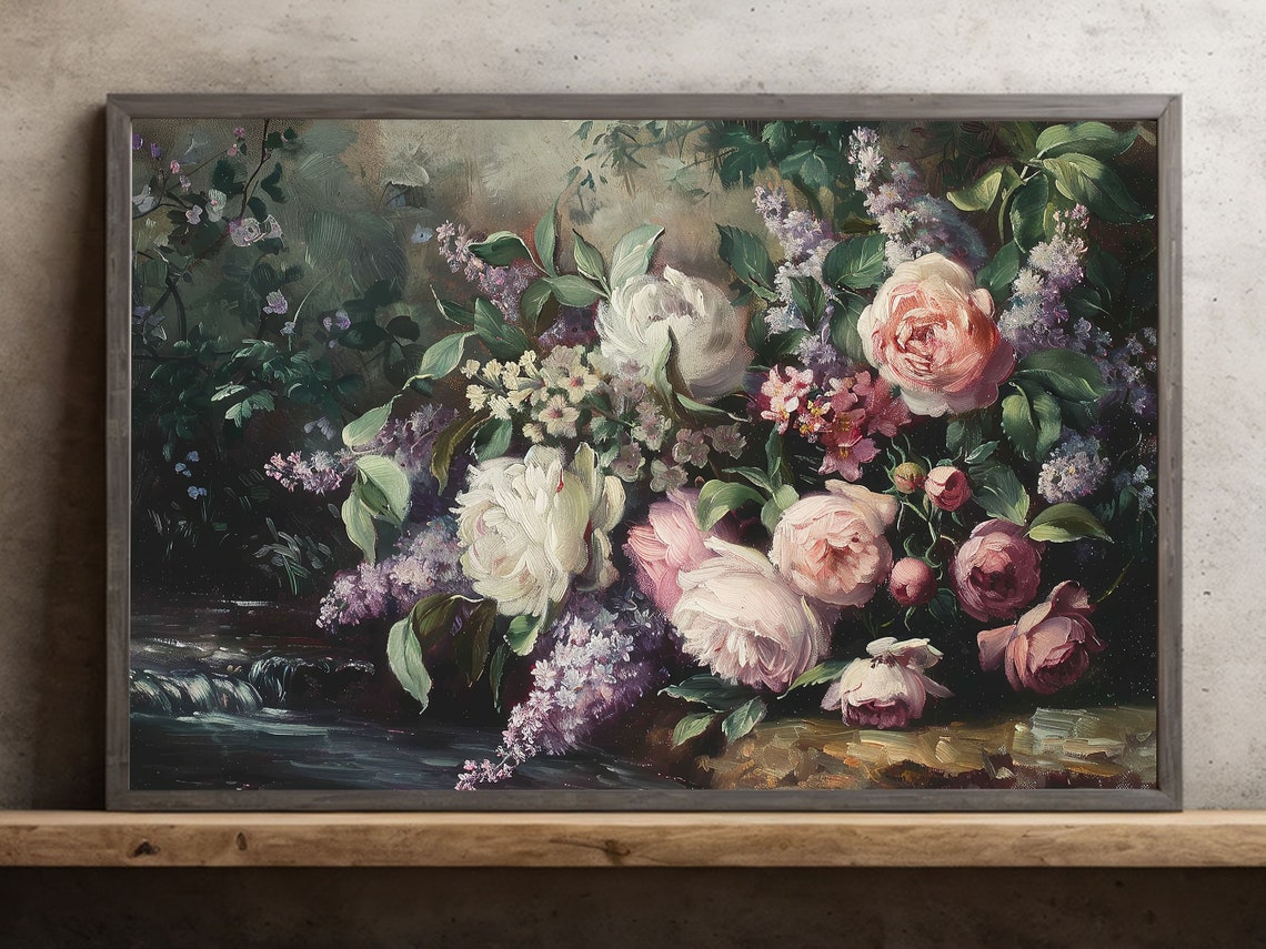 Moody Roses And Lilac By Dark Stream Romantic Floral Art Poster