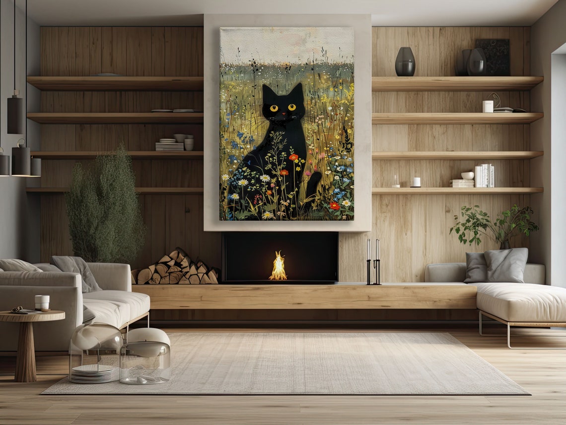 Black Cat Silhouette Among Wildflowers Muted Meadow Art Poster - Image 2