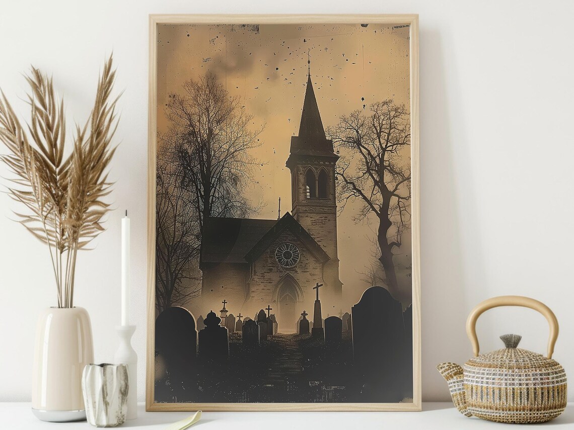 Vintage Sepia Church Behind Misty Graveyard Spooky Photo Style Poster - Image 4