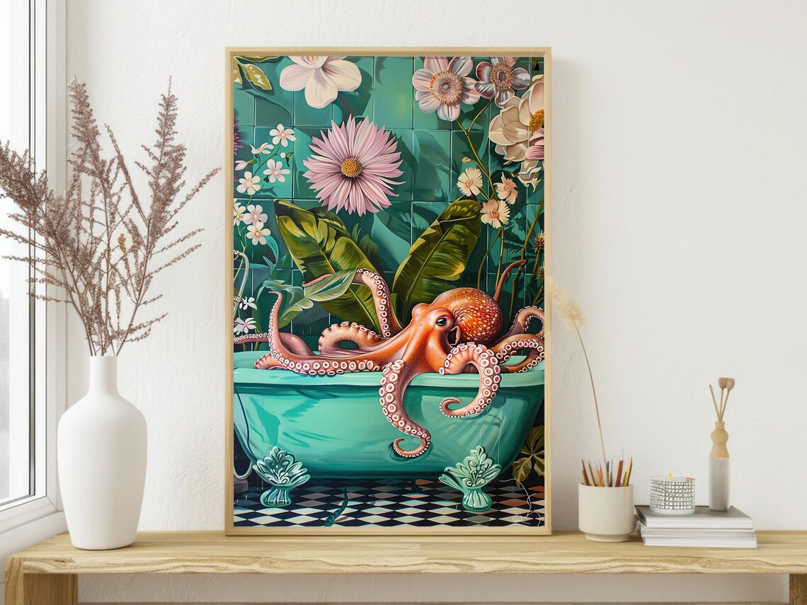 Whimsical Octopus Bathtub Tropical Flowers Teal Bathroom Art Painting Poster - Image 4