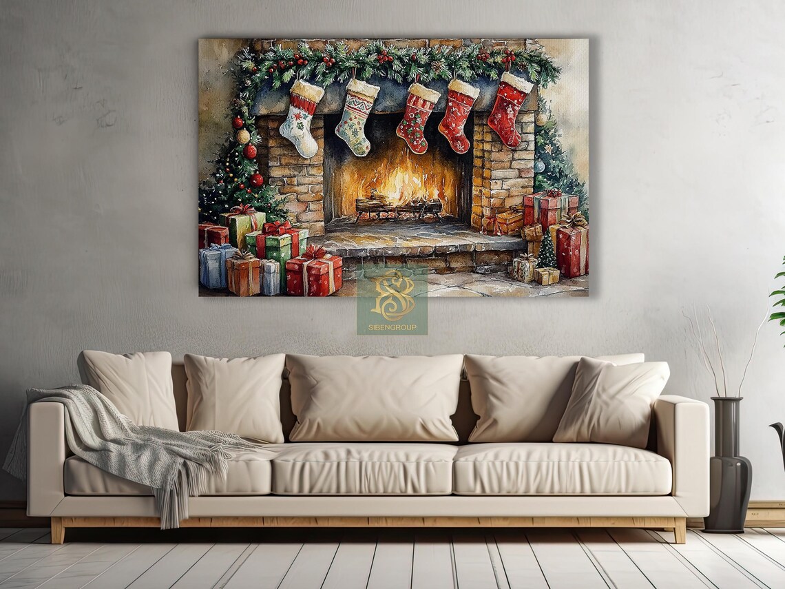Cozy Brick Fireplace With Stockings Garland and Christmas Gifts Poster - Image 2