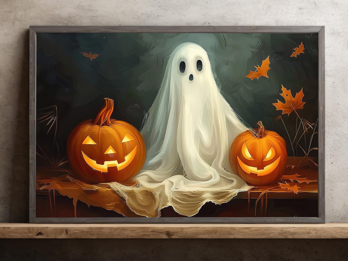 Cute Ghost with Glowing Jack-O-Lanterns Night Painting Halloween Poster