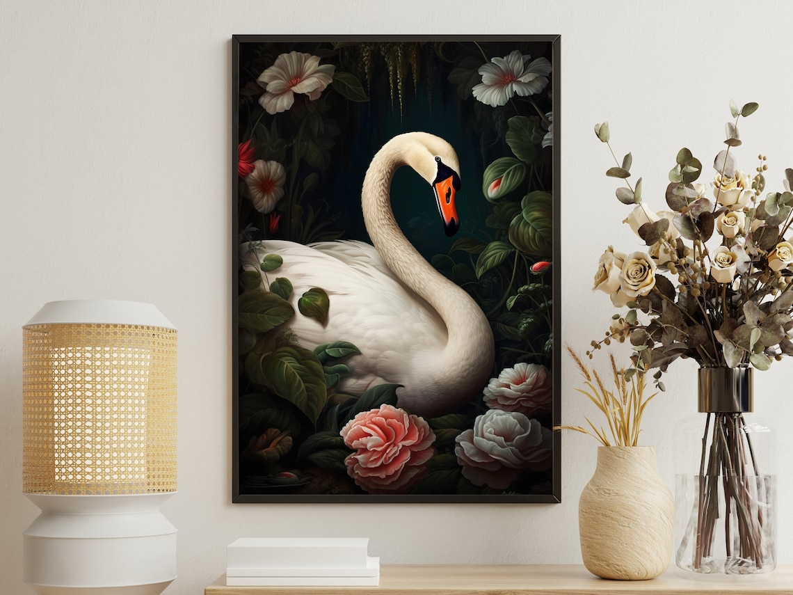 Graceful White Swan Among Pink Roses Dark Botanical Animal Art Poster