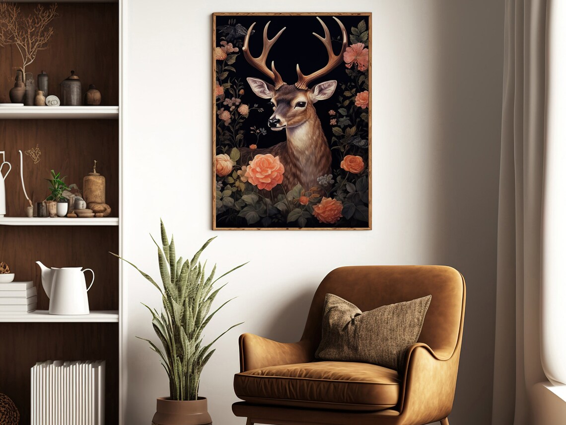 Majestic Stag Antlers Coral Flowers Dark Botanical Wildlife Art Poster - Image 2