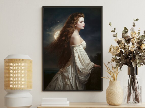 Moonlit Victorian Woman White Gown Dark Night Sky Gothic Art Poster