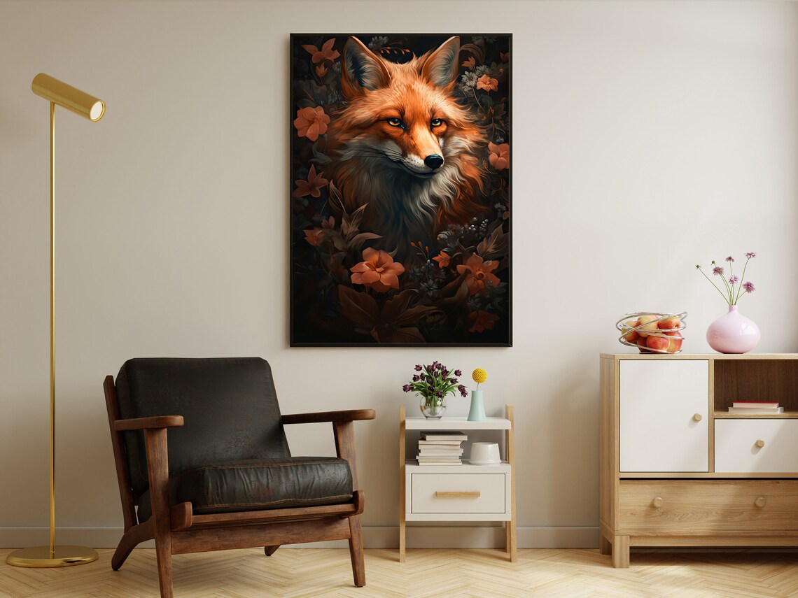 Red Fox Portrait Among Dark Florals Dramatic Wildlife Art Print - Image 4