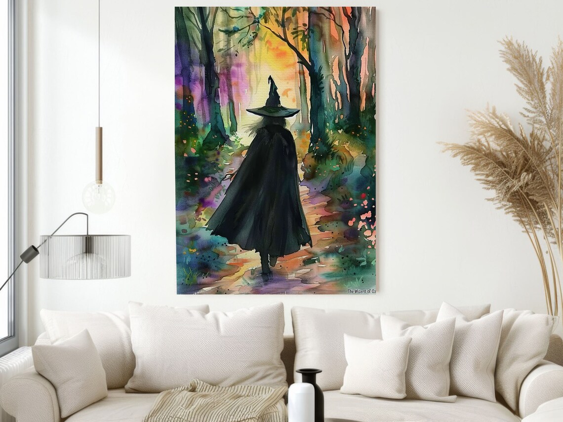 Witch Walking Away Forest Path Colorful Watercolor Magical Halloween Art Poster Print - Image 2
