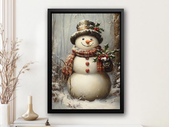 Vintage Snowman Painting, Holiday Winter Art Print