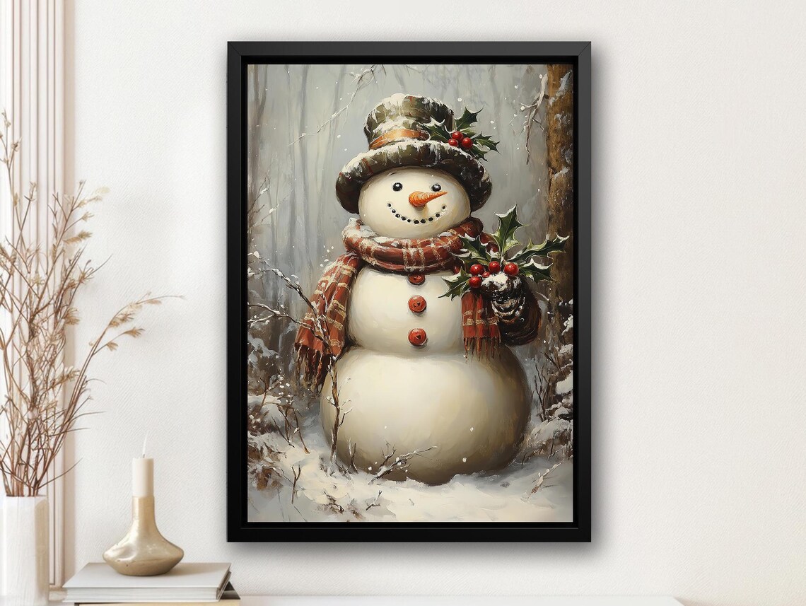 Vintage Snowman Painting, Holiday Winter Art Print