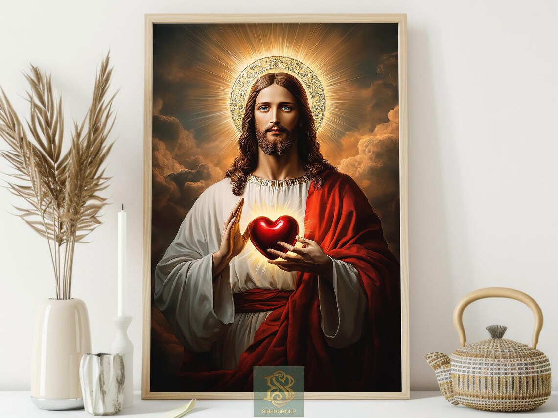 Sacred Heart Jesus Christ Holding Heart With Golden Halo Poster - Image 4