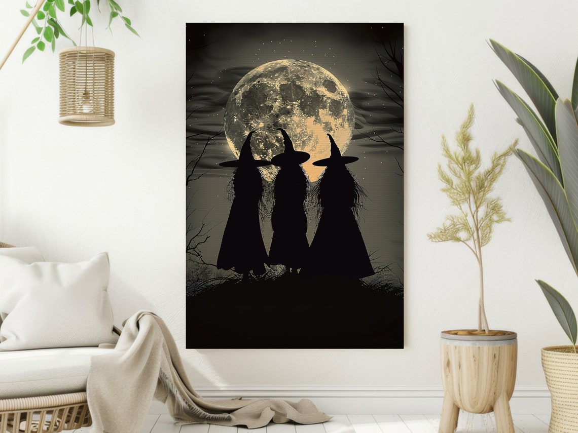 Three Witches Silhouette Under Full Moon Haunted Night Art Poster - Image 2