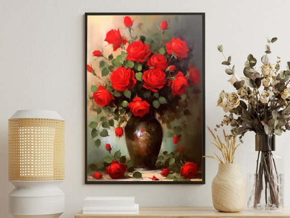 Vintage Rose Vase Painting, Retro Floral Art Print