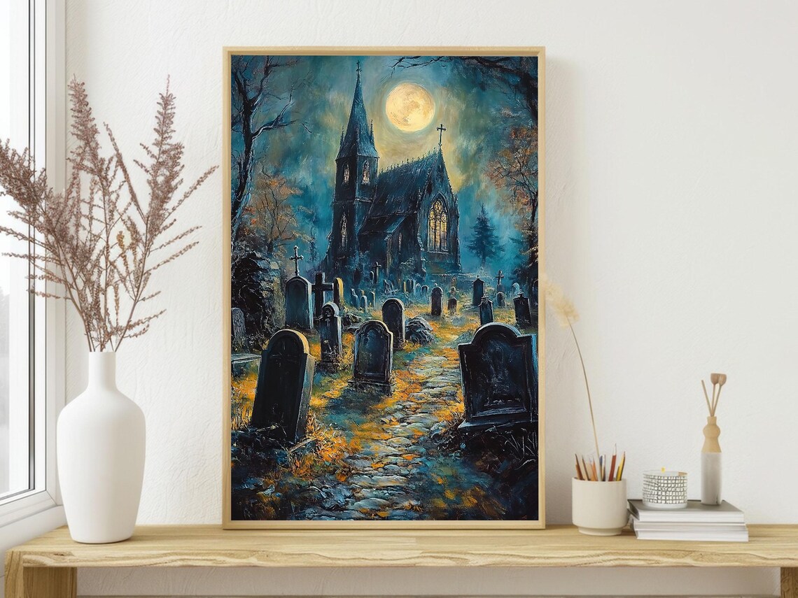 Moonlit Gothic Church Cemetery Full Moon Night Oil Painting Poster - Image 4