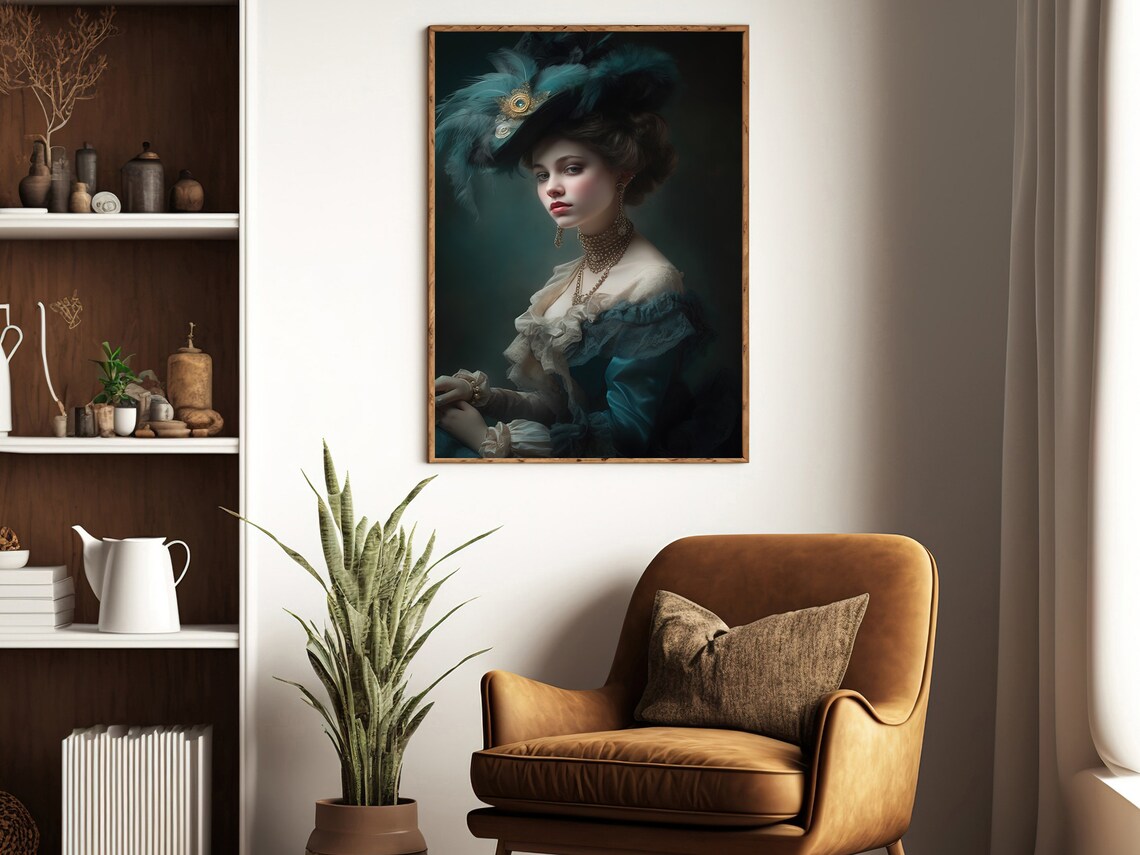 Victorian Lady Feathered Hat Teal Gown Moody Portrait Dark Academia Art Poster - Image 3