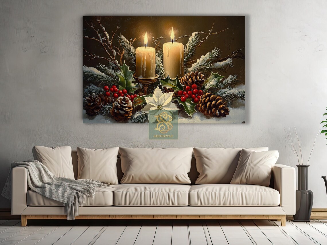 Two Ivory Candles With Holly Pinecones Poinsettia Snowy Winter Poster - Image 3
