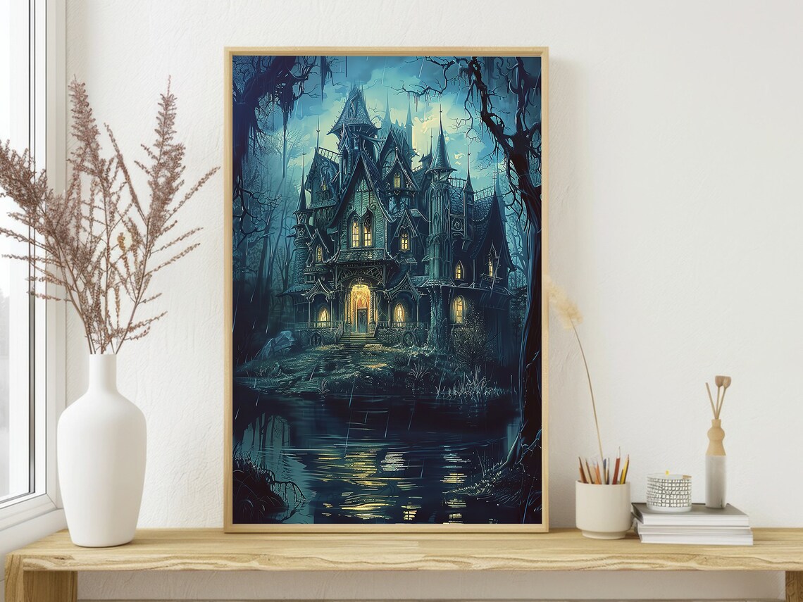 Dark Haunted Castle By Night Lake Glowing Windows Gothic Art Poster - Image 3
