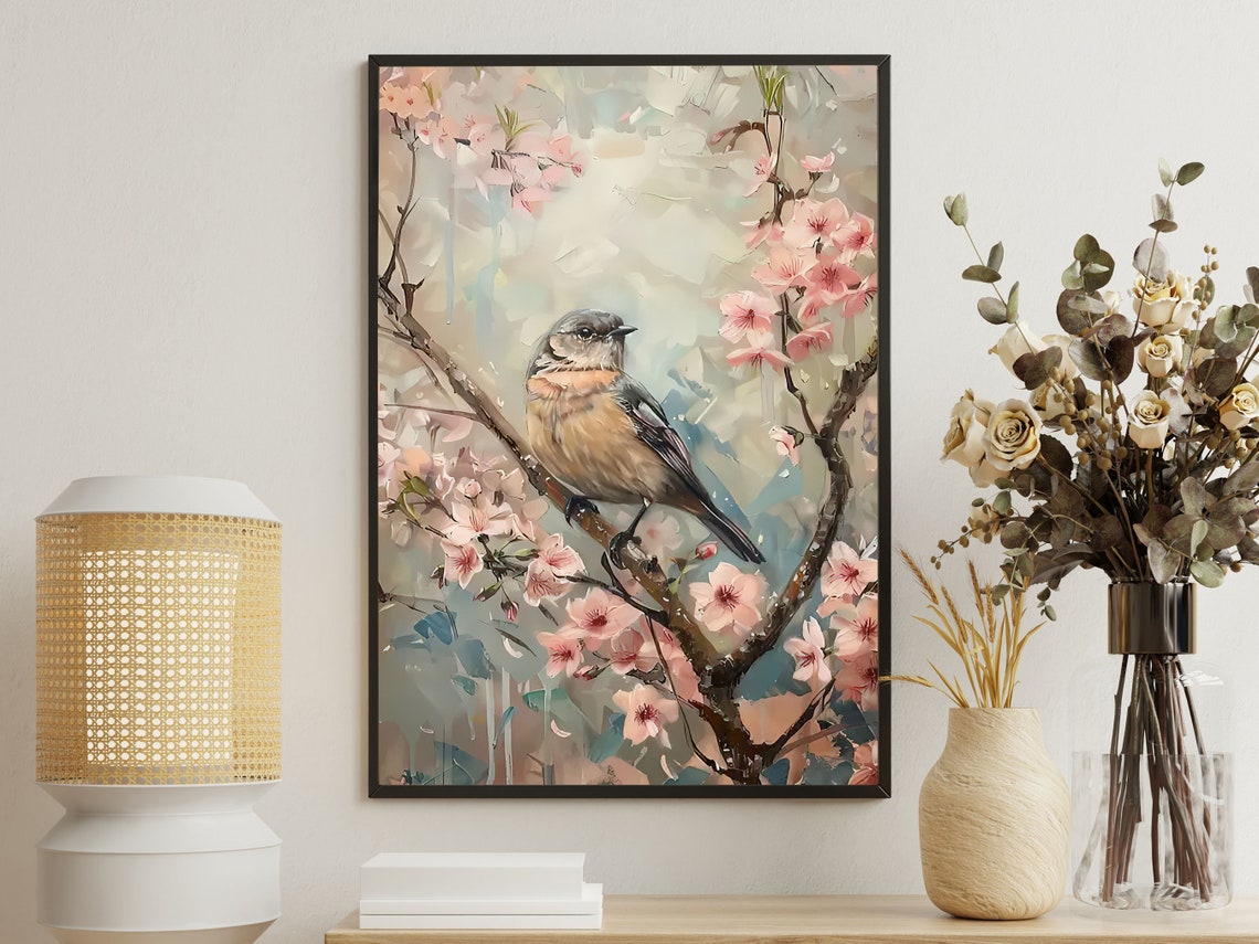 Vintage Peach Blossom And Bird Painting Flowers Art Print Cottage Flowers Print Esthetic Flowers Poster Flowers Wall Art