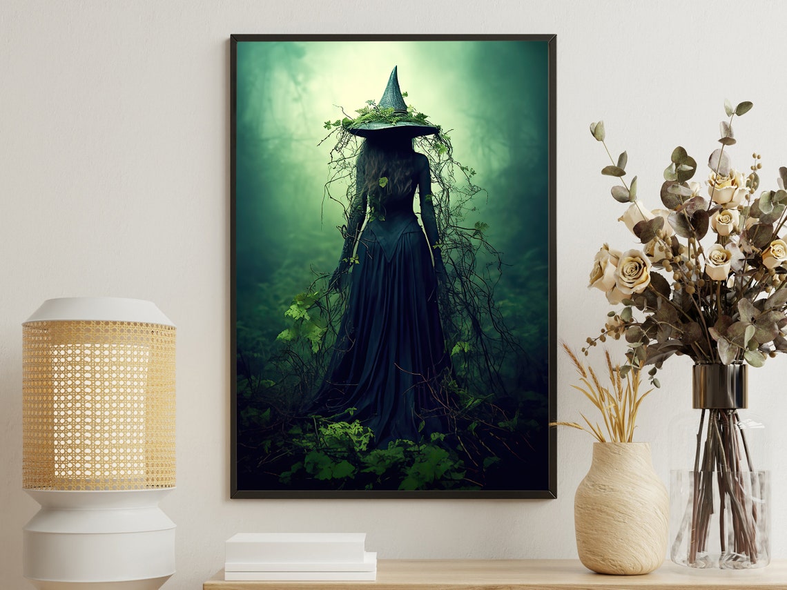 Witch In Misty Green Forest With Vine Hat Dark Nature Art Print