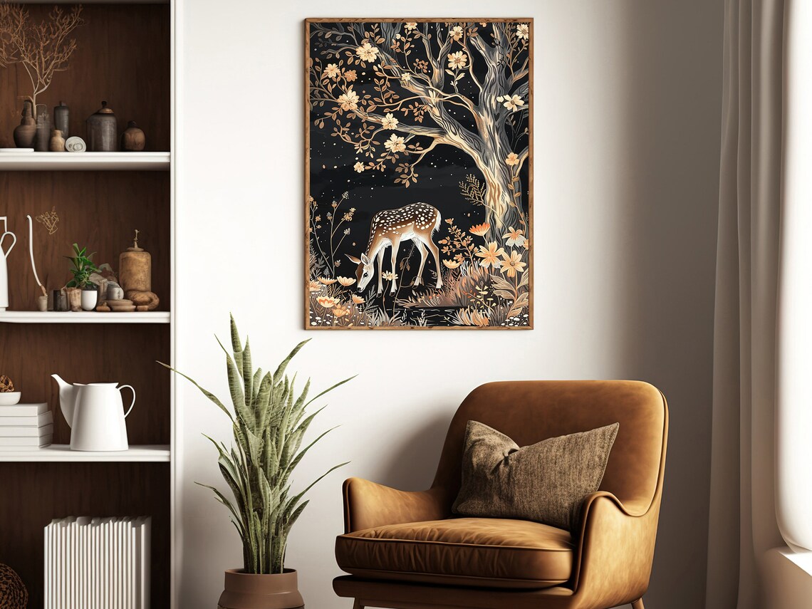 Spotted Fawn Under Golden Blossom Tree Black Background Botanical Animal Art Poster - Image 3