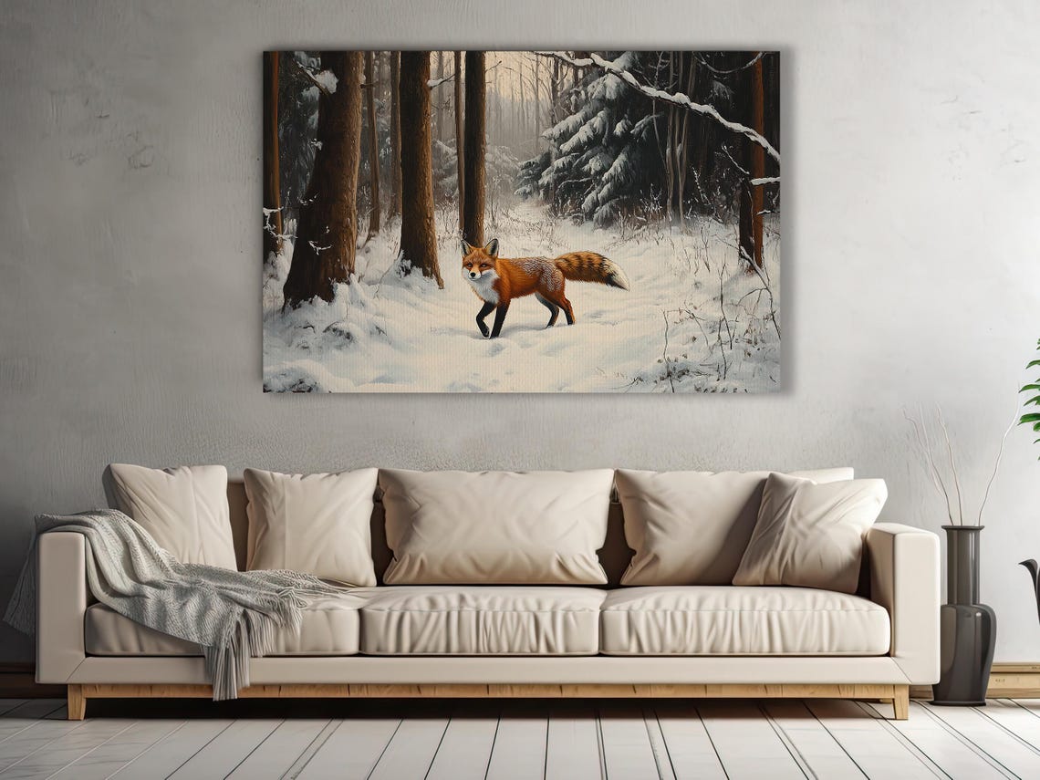 Red Fox Snowy Forest Winter Wildlife Realistic Painting Wall Art - Image 3