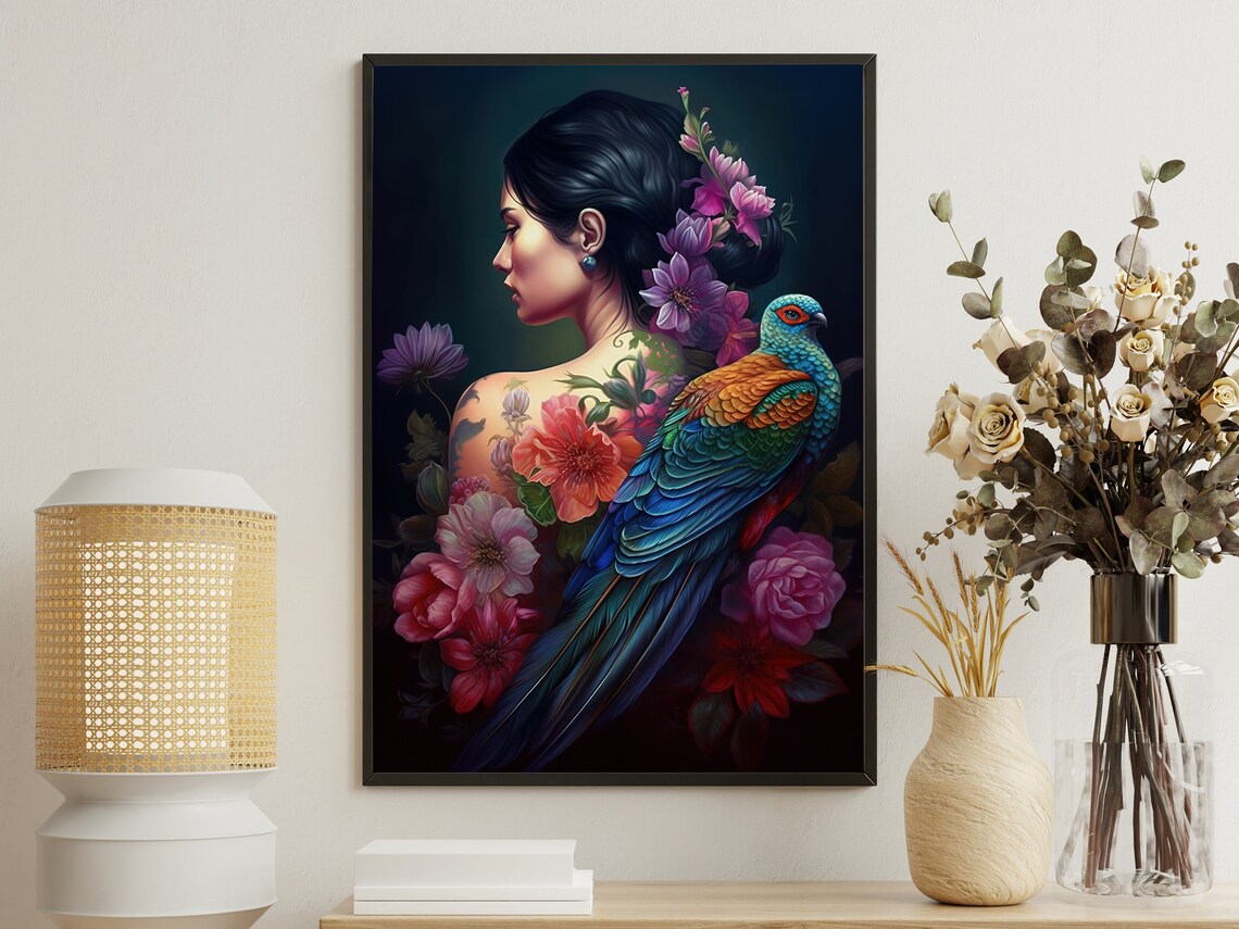 Tattooed Woman In Profile With Colorful Parrot And Pink Flowers Poster