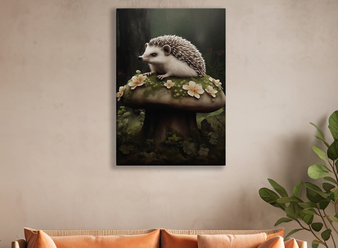 Hedgehog On Mossy Mushroom With White Blossoms Enchanted Forest Animal Print - Image 2
