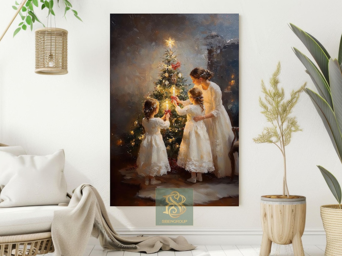 Mother and Daughters Lighting Candles on Christmas Tree Family Poster - Image 2