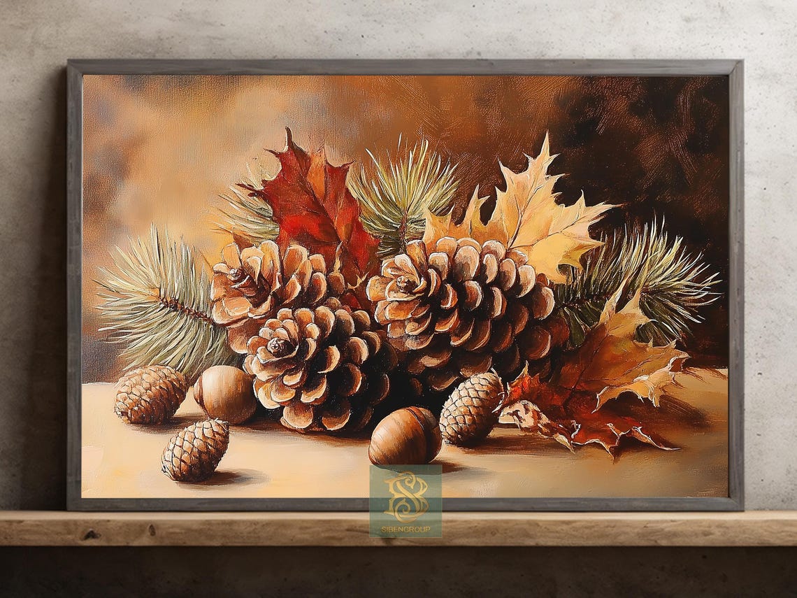 Pinecone And Acorn Still Life With Autumn Maple Leaves Rustic Print