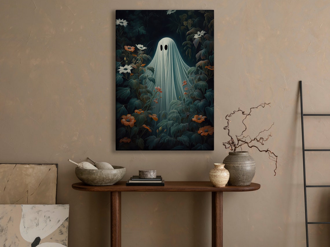 Ghost Among Dark Botanical Foliage And Flowers Spooky Art Print - Image 4