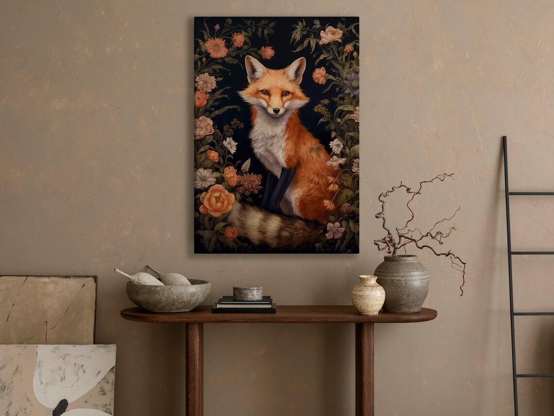Red Fox Surrounded By Blush Roses Dark Botanical Vintage Wildlife Portrait Print - Image 2