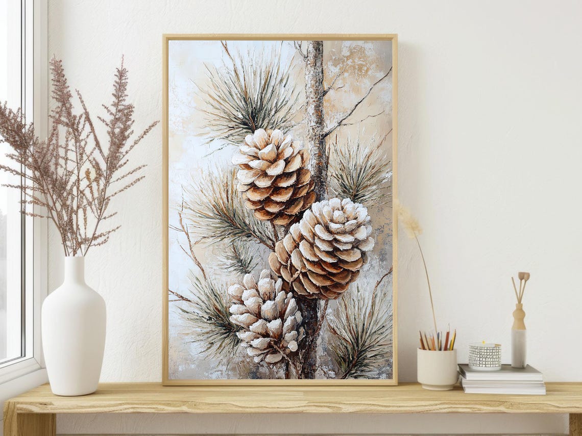 Snow Dusted Pinecones Branch Beige Botanical Winter Wall Art - Image 4