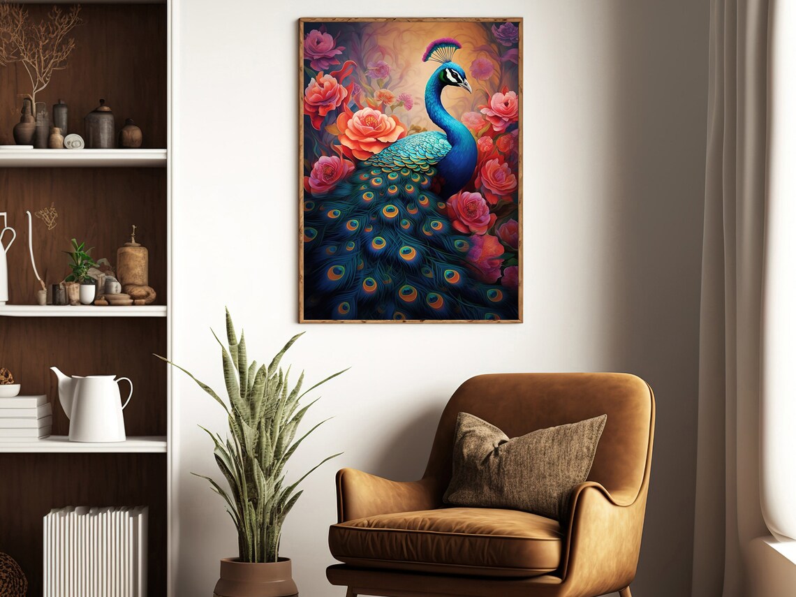 Vibrant Peacock Among Coral Roses Warm Sunset Glow Animal Wall Art - Image 4