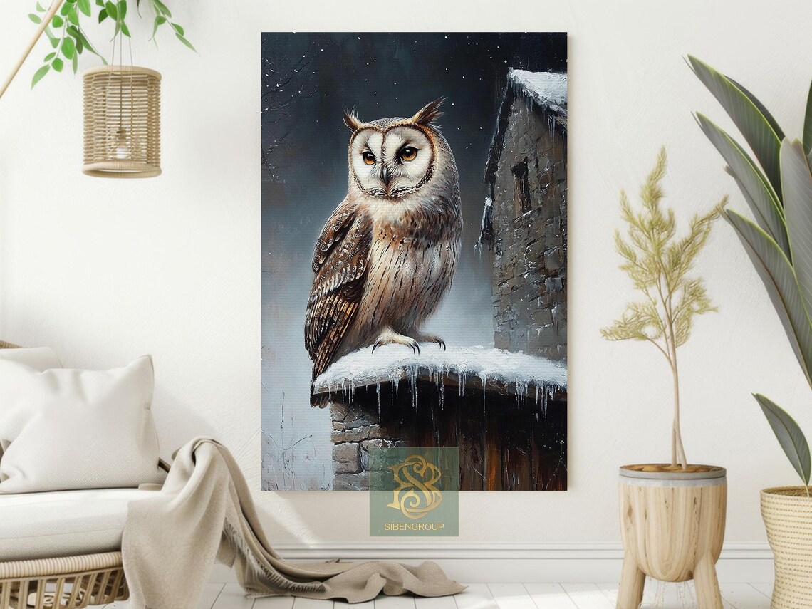 Vintage Barn Owl and Snowy Owl, Rustic Winter Art Print - Image 2