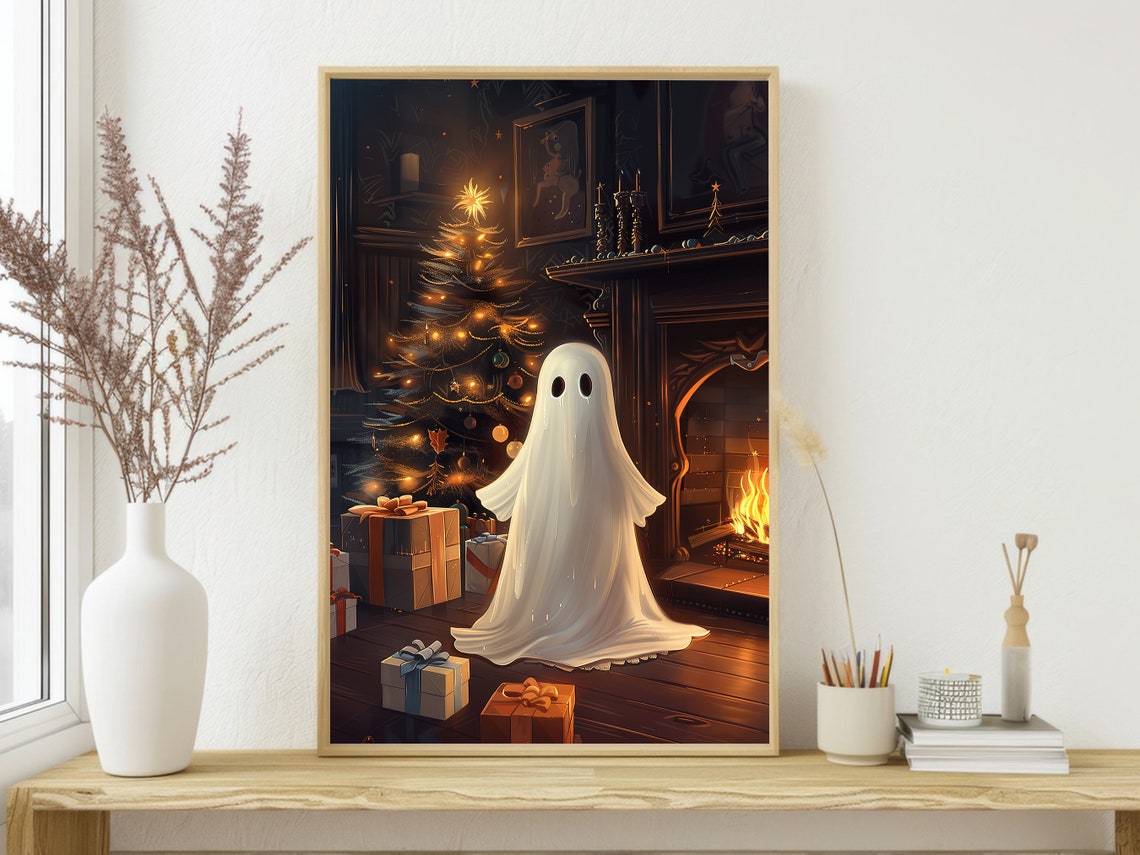 Cute Ghost by Christmas Tree Fireplace Cozy Holiday Halloween Poster - Image 4