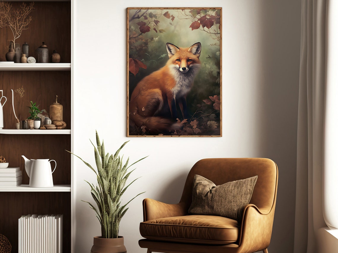 Red Fox Sitting In Autumn Forest With Falling Leaves Wildlife Print - Image 2