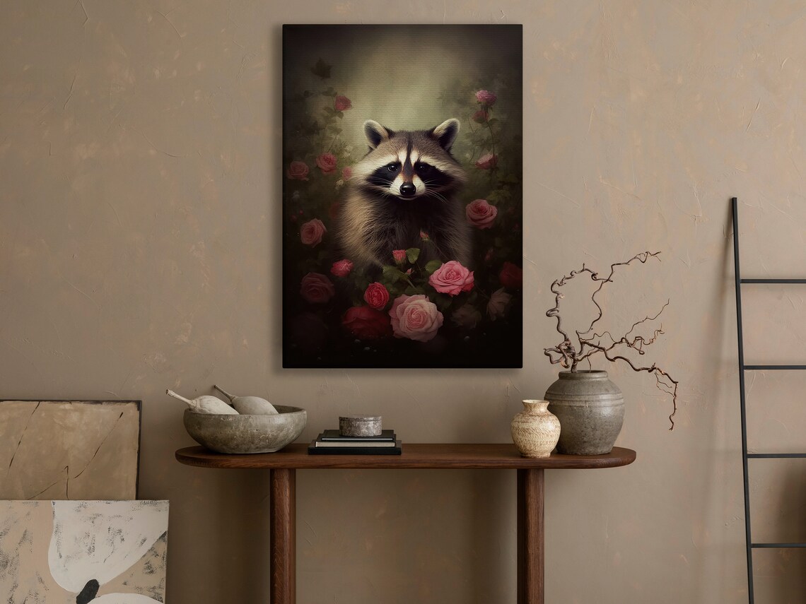 Raccoon Portrait Among Red Roses Dark Floral Animal Art Print - Image 3