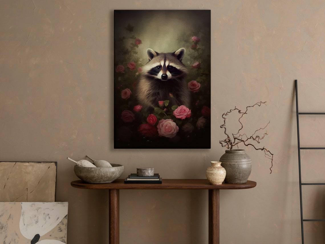 Vintage Wild Floral Raccoon Painting Raccoon Art Print Raccoon Print Gothic Art Print Dark Academia Art Animals Poster Print - Image 3