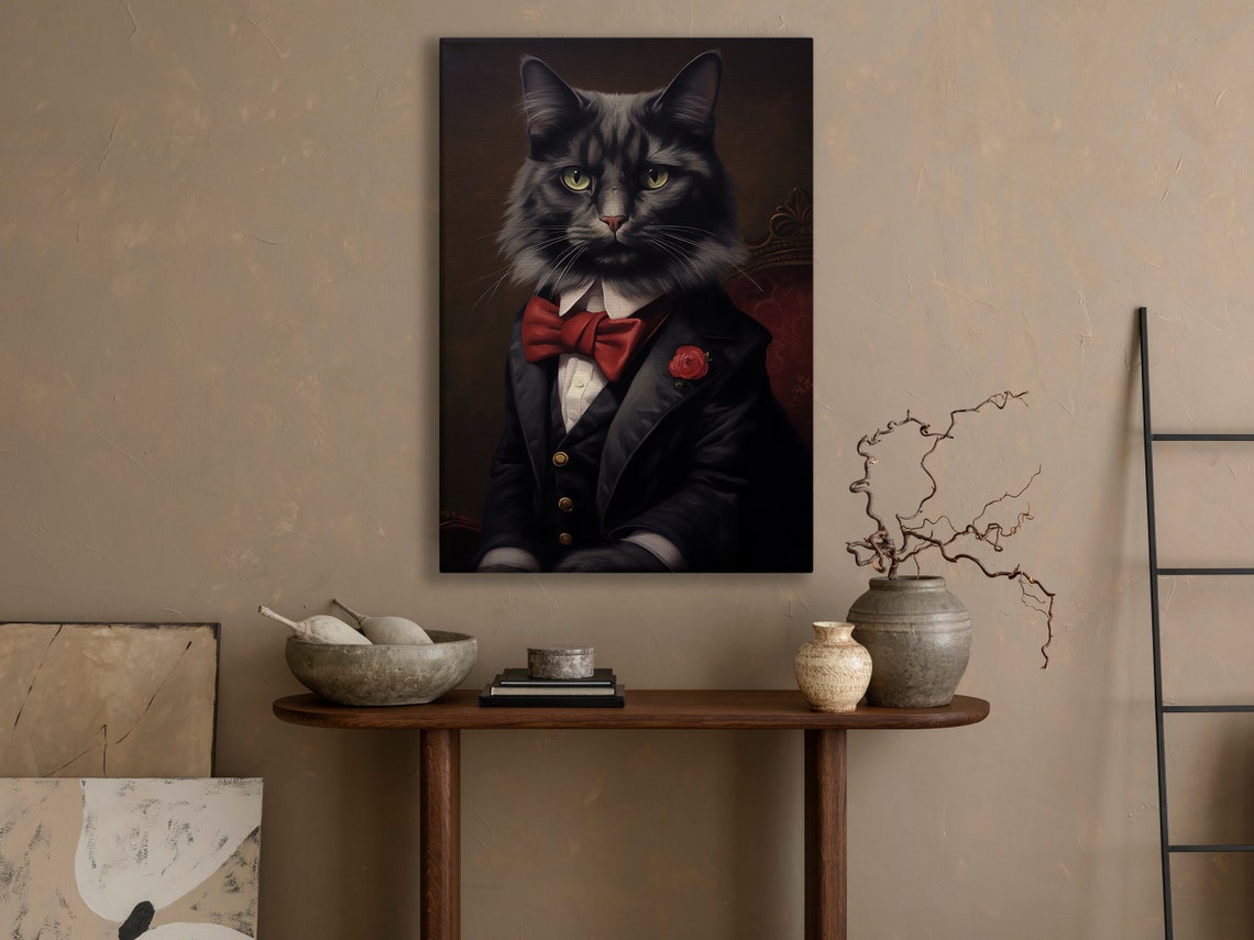 Black Cat Tuxedo Red Bow Tie Regal Portrait Animal Art Poster - Image 4