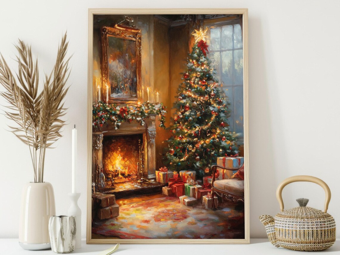 Vintage Cozy Holiday Cottage Christmas Tree Art Print - Image 4