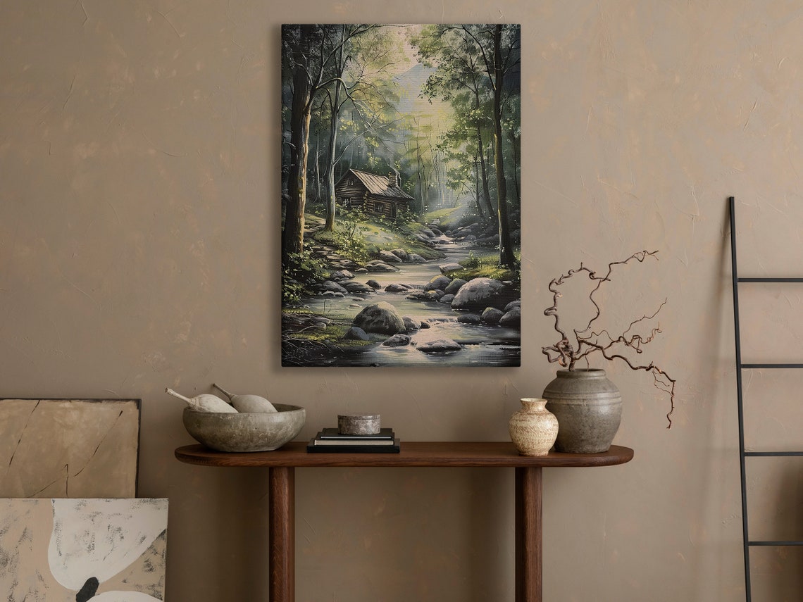 Rustic Log Cabin By Rocky Stream In Sunlit Forest Art Landscape Poster - Image 4