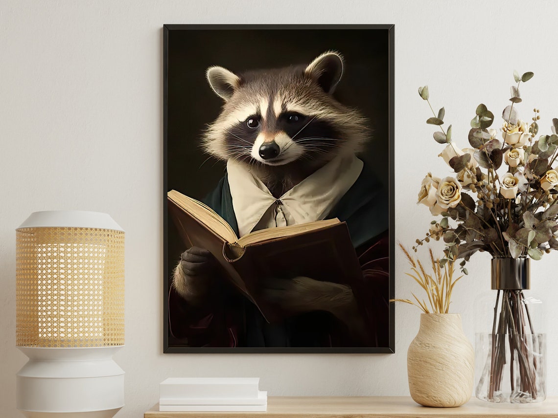 Scholarly Raccoon In Robe Reading An Old Book Vintage Portrait Poster