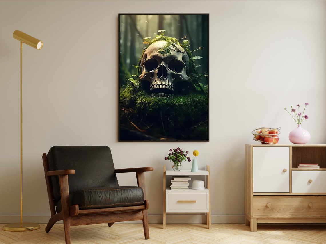 Moss Covered Skull Sunlit Forest Gothic Nature Memento Poster - Image 2