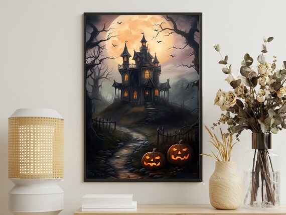 Haunted Castle On Hill Full Moon Bats Jack O Lanterns Spooky Halloween Poster