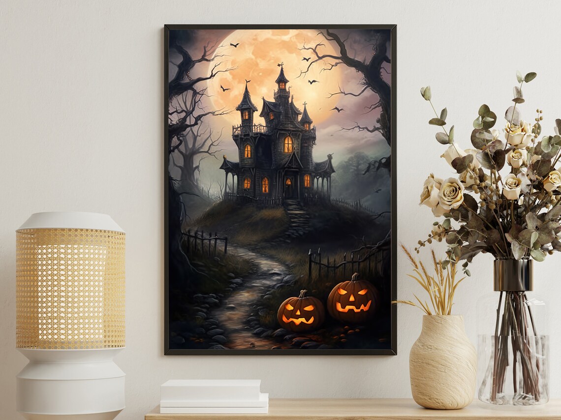 Haunted Castle On Hill Full Moon Bats Jack O Lanterns Spooky Halloween Poster