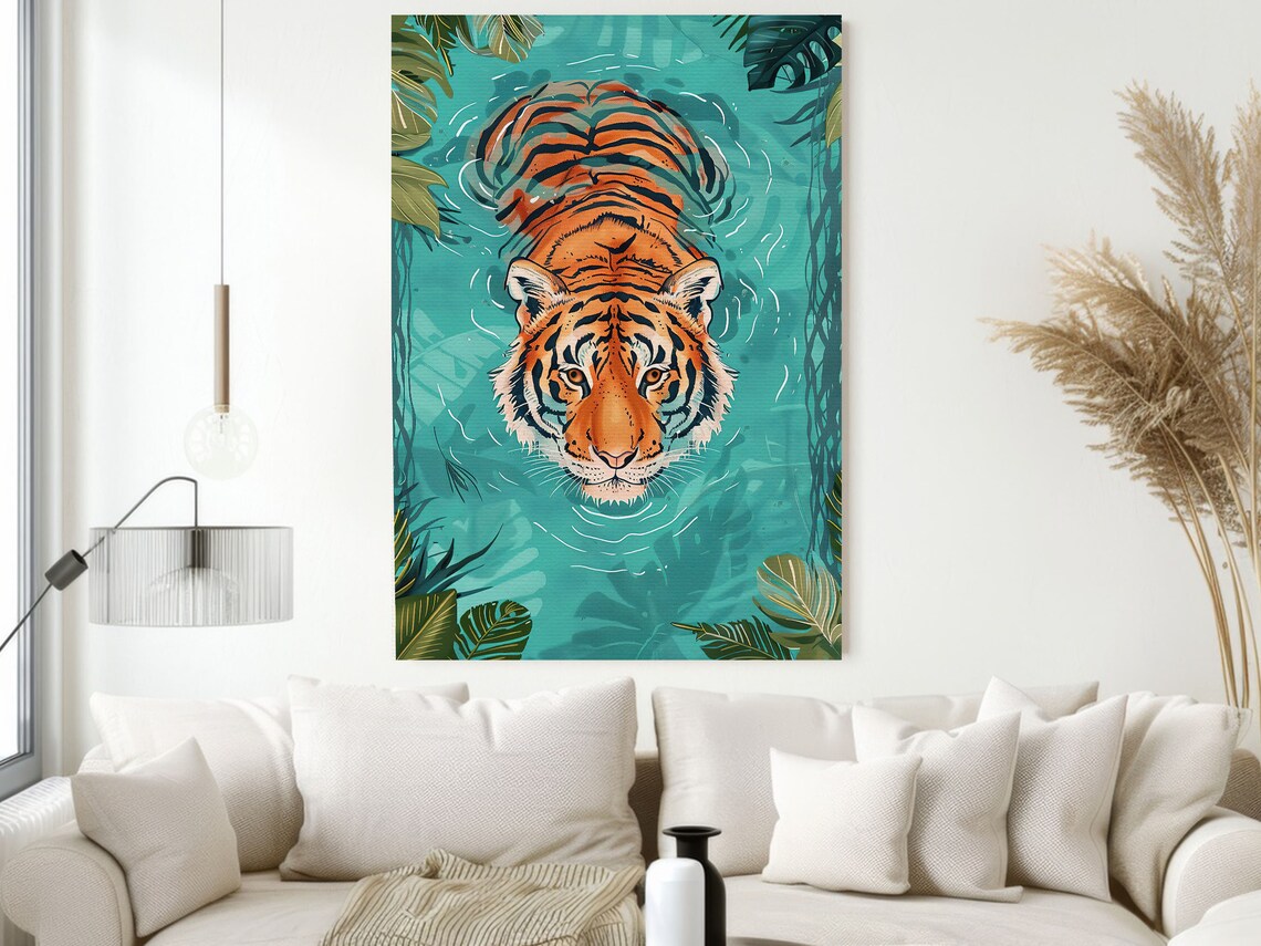 Swimming Tiger In Turquoise Jungle Water With Leaves Bold Art Print - Image 2
