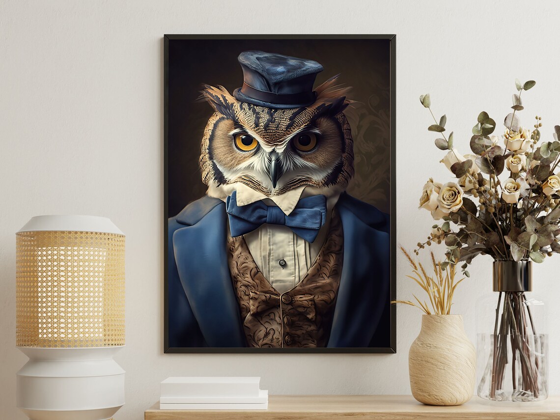 Renaissance Gentleman Owl Top Hat Tuxedo Bow Tie Vintage Portrait Print